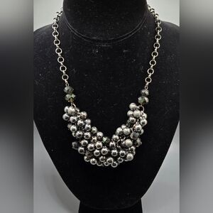 Gunmetal Grey Necklace w/Cha-cha Neckline AB Crystals & Metal Balls 15" + 3" Ext